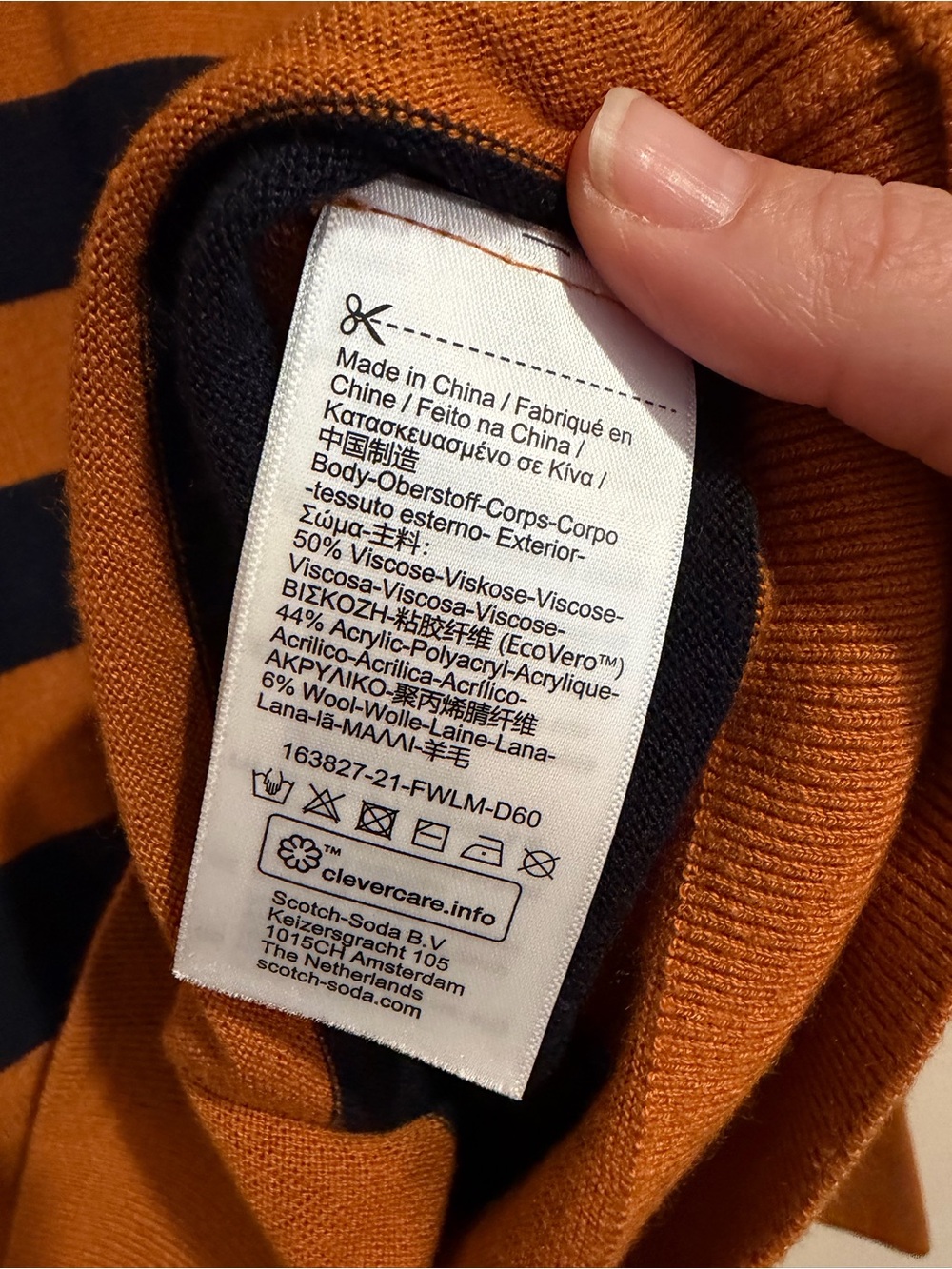 Scotch & Soda Rust & Navy Striped Crewneck Sweater, Lightweight, Viscose Blend - Picture 4 of 9